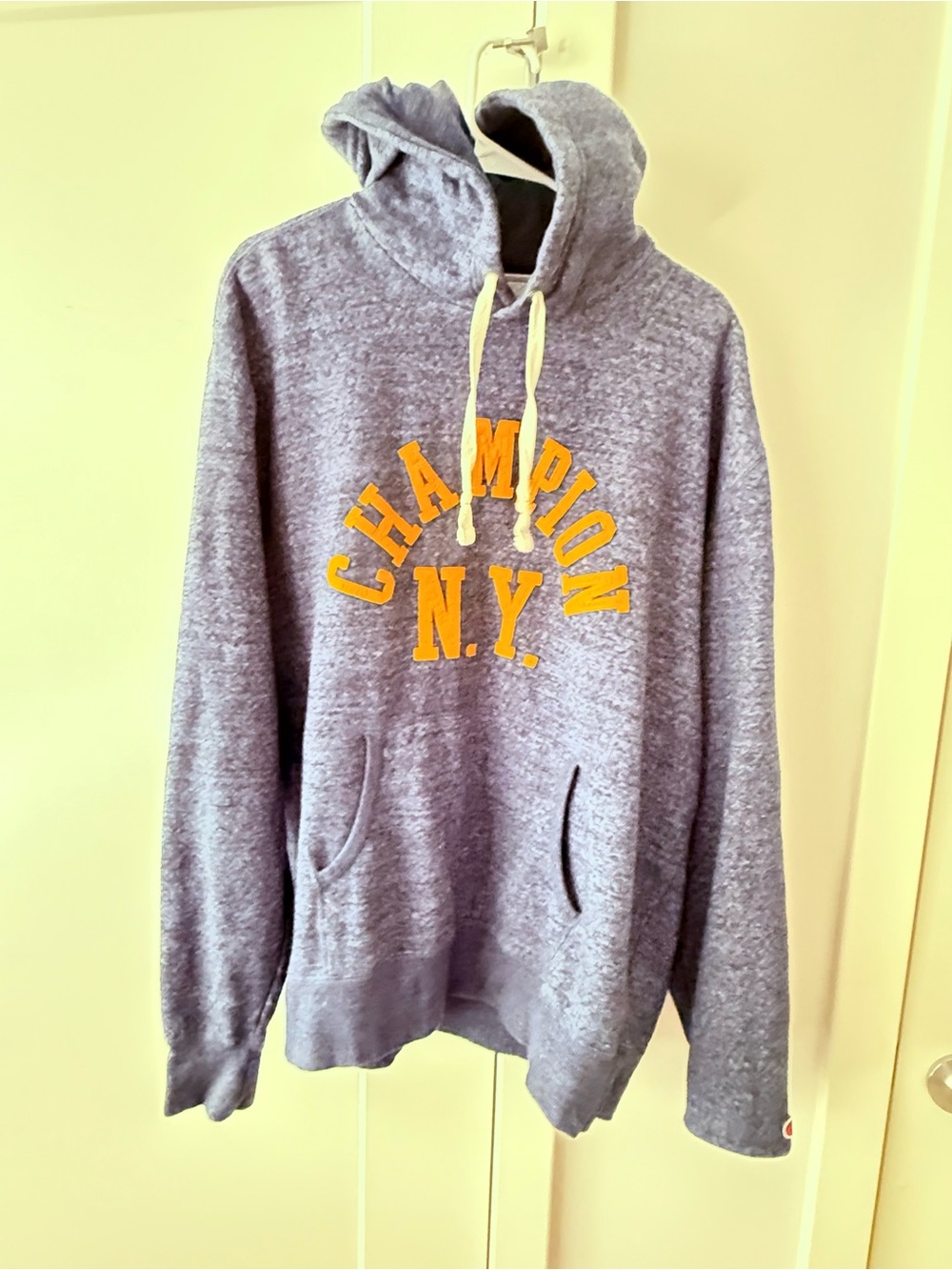 Champion Heather blue Denim Hoodie with Yellow Chest Logo